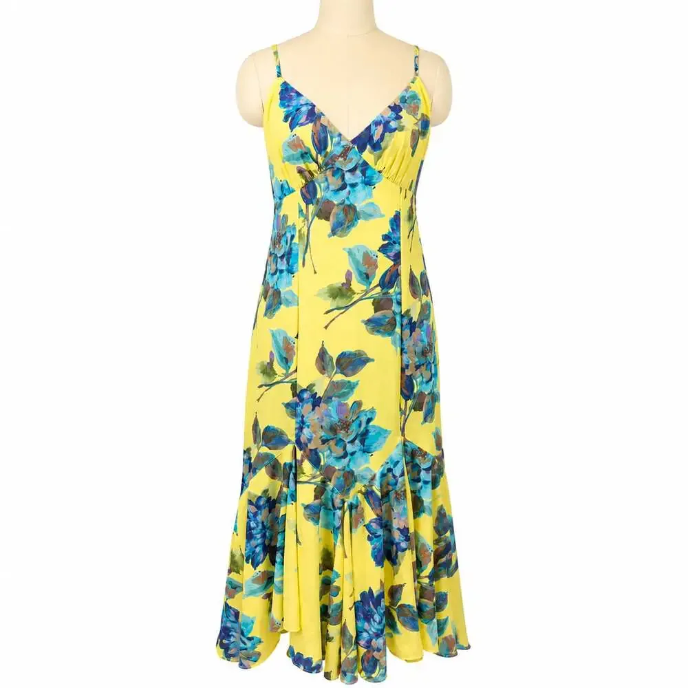 Y2K Abercrombie & Fitch Yellow Floral Print V-Neck Slip Maxi Flowy Dress